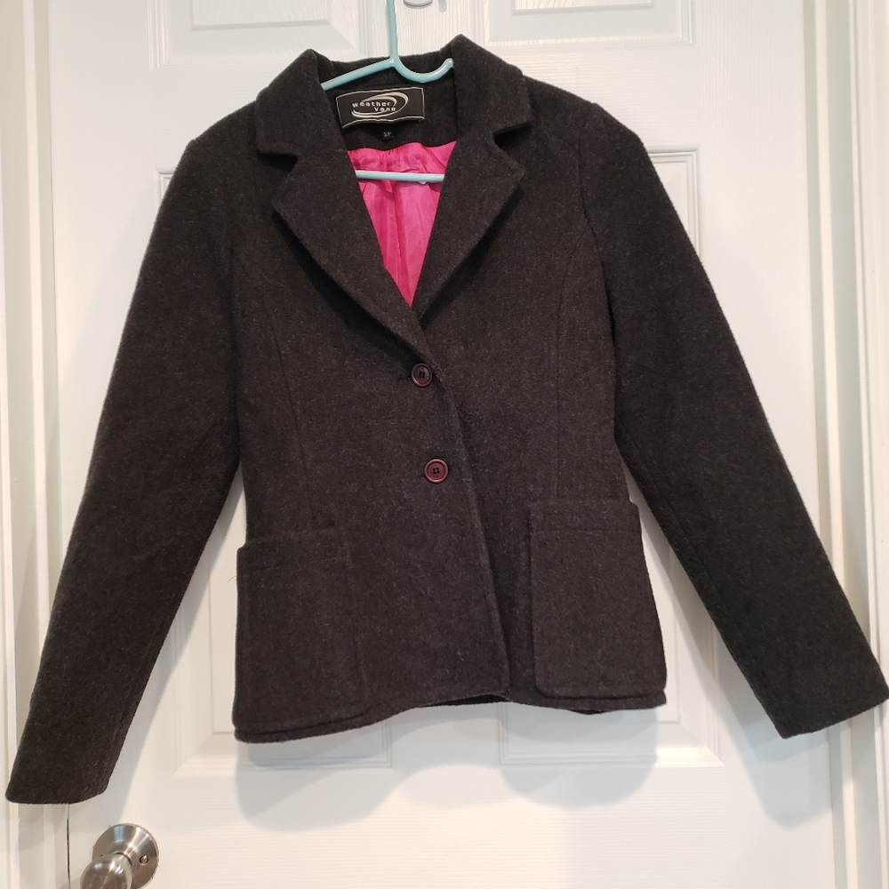 Weather Vane Womens S Charcoal Gray Wool Blend Blazer Jacket Pink Lining Button